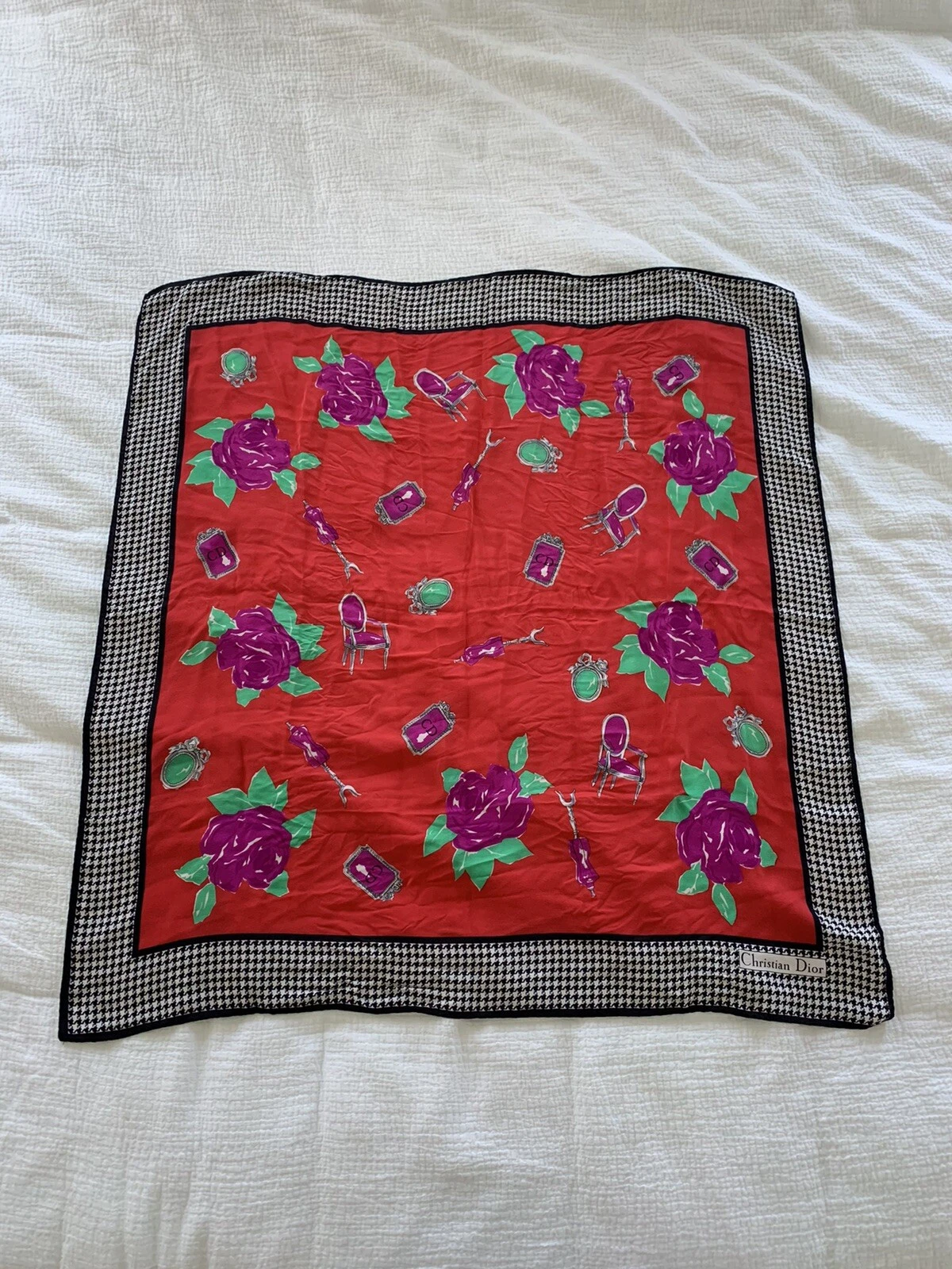 Christian Dior Silk Scarf Houndstooth and Red Background 32x32 Inches