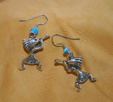 Sterling Silver  Turquoise Kokopelli Flute Playing Earrings Dimensional 