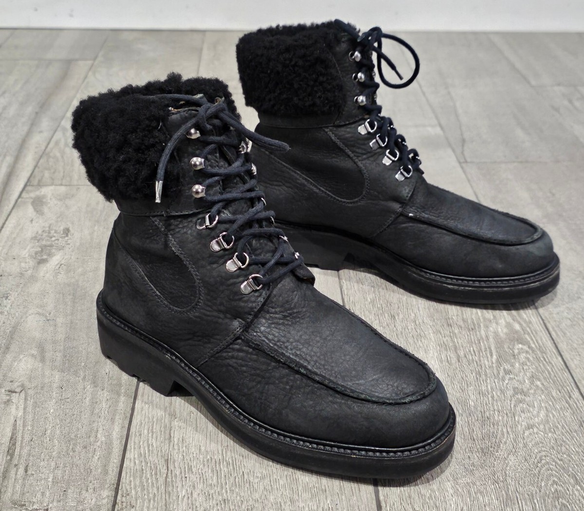 COLE HAAN Women Black Nubuck Leather Lace Up Faux Fur Lug 