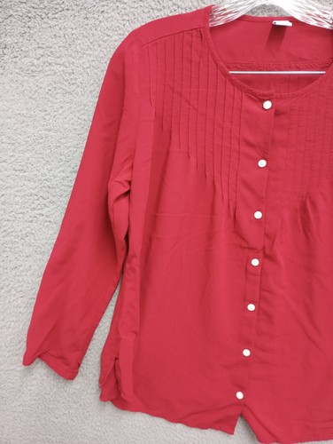 Old Navy Button Front Shirt Womens Medium Red Blouse Long Sleeve Round Neck - Picture 5 of 11