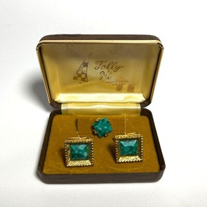Vintage Tally Hi Cufflinks Tie Tack Set With Jade Original Box