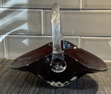 Vtg Garnet Ruby Red Glass Basket With Clear Twisted Handle  Clear Base