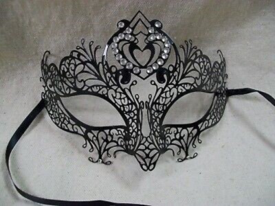 Black Metal Filigree Eye Mask Queen of Heart Clear Stones Renaissance Masquerade