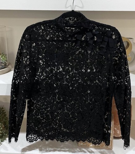 J. Crew Black Long Sleeve Ruffle Mock Neck Lace Sheer Blouse Top Size 2 - Picture 3 of 4
