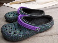 Crocs Classic Clog Shoes Kids Size J6 Multicolor Glitter Lined Slip On Fleece