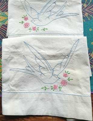 Lovely Vintage Heavy Cotton Embroidered Blue Bird Of Happiness Pillowcases 19x31