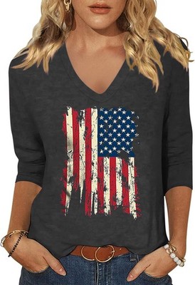 Womens 3/4 V Neck Sleeve American Flag Shirts 4th of July Summer Shirts Graph...