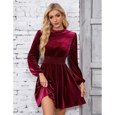 BLUEMING Womens Velvet Dress Lantern Sleeve Shirred Wasit Flared Dress