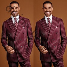 Burgundy Pinstriped Men's Suit Peak Lapel Double Breasted Wedding Tuxedos 2pcs