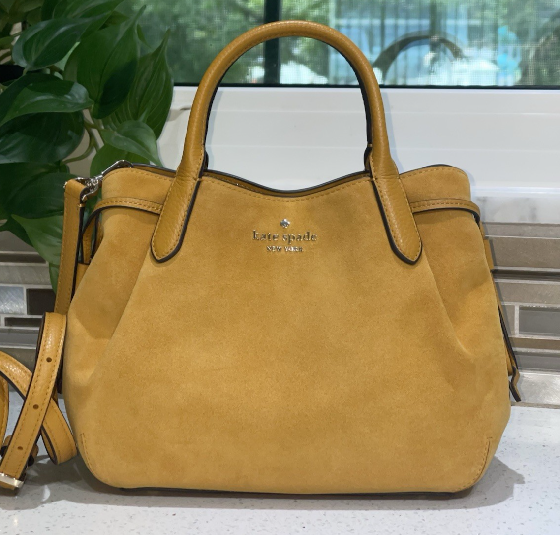KATE SPADE DUMPLING SMALL SATCHEL CROSSBODY BAG HOBO SQUASH MUSTARD YELLOW  SUEDE