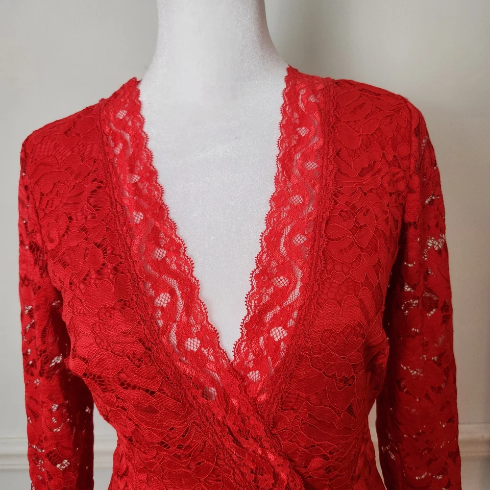 Vestido Bebe XS Mujer Rojo Encaje Mini Cóctel Fiesta Floral Espalda Abierta Cuello en V Hada Foto 3 de 4