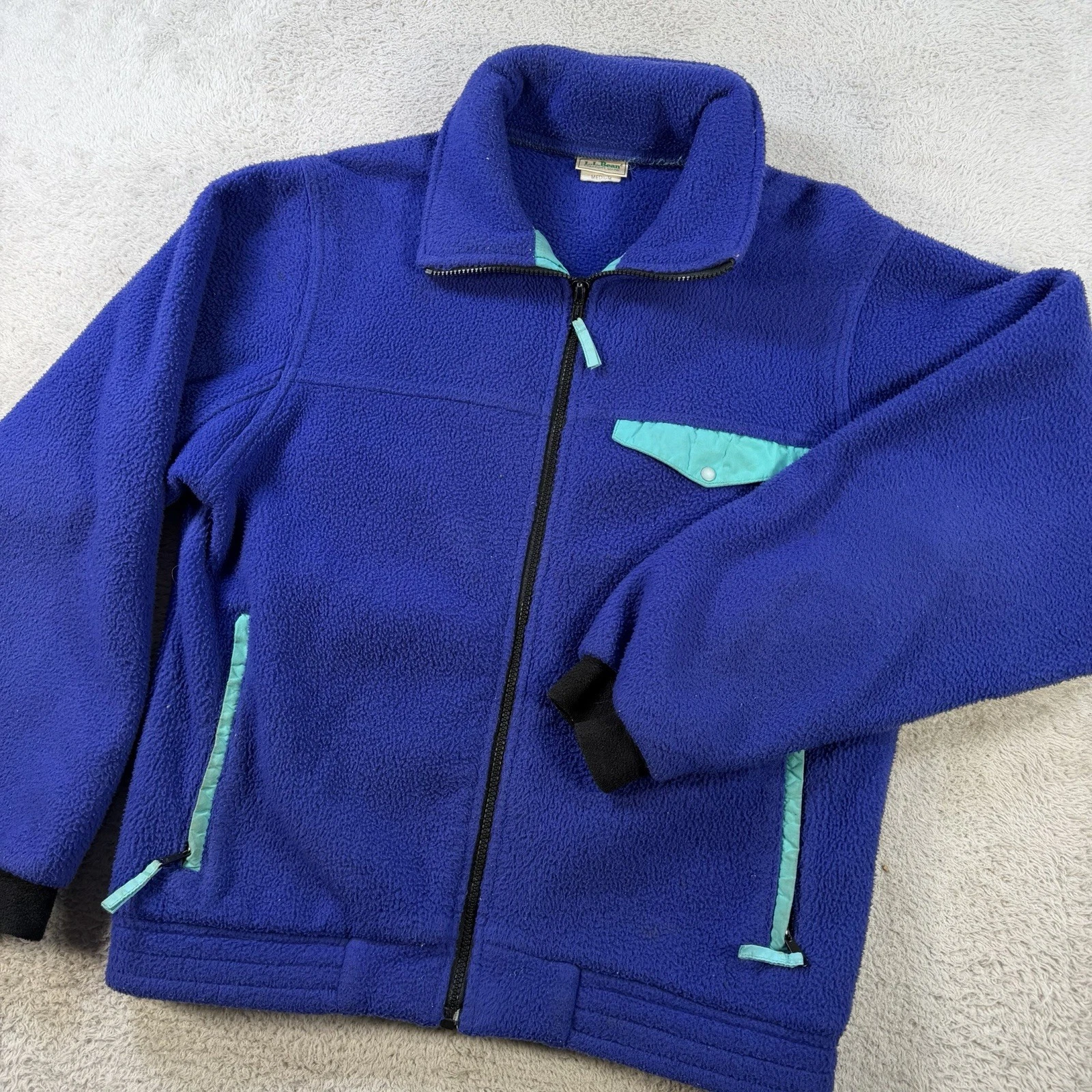 LL Bean Fleece Jacket Mens Medium Blue Teal Full Zip USA Made Vintage Outdoor