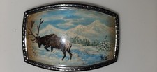 Hand Painted Elk and Mountains Belt Buckle