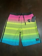 Hurley Boys Phantom 4-way Stretch Board Shorts Neon Rainbow Striped Swim Trunks