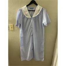 Women's Classic Blue Gingham Button-Front Nightgown w/Embroidered Collar Medium