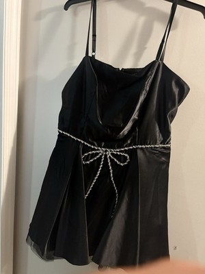 Seni & Cade Black Satin Strappy Sleeveless Short Dress 2X Bow Accent Zip