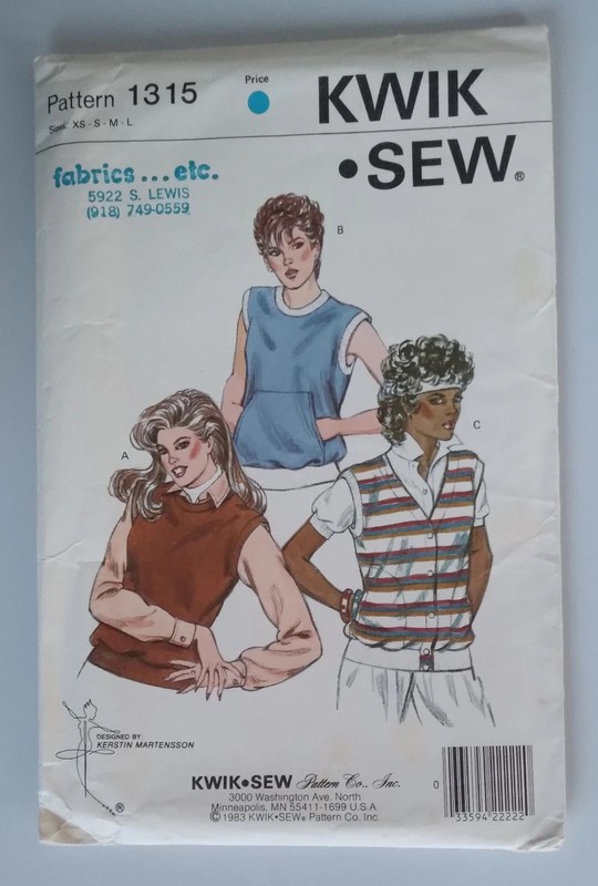 KWIK SEW #1315 MISS SIZES XS-S-M-L Pullover SHIRT & VEST PATTERN UNCUT