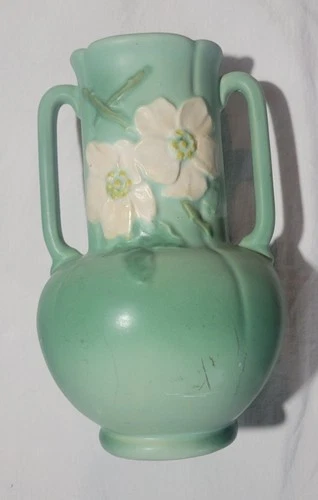 Antique Weller Dogwood Rose Floral Double Handle Art Pottery Vase 1930s 9.5"