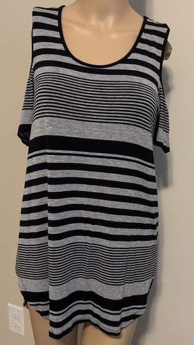 Cyrus schwarz grau gestreift Cold Shoulder Kurzarm Tunika Top Gr. Medium