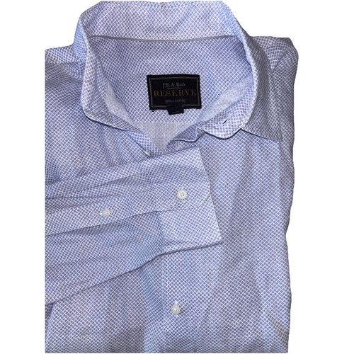 Jos A Bank Reserve Men Large Linen Long Sleeve Button Up Collared White Blue