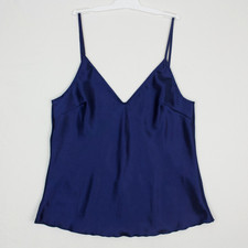 Vintage Style Navy Blue Satin Cami Lace Trim V-Neck Camisole Tank Top L