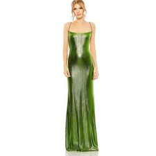 NEW NWT Ieena for Mac Duggal Metallic Apple Green Corset Back Column Gown 12