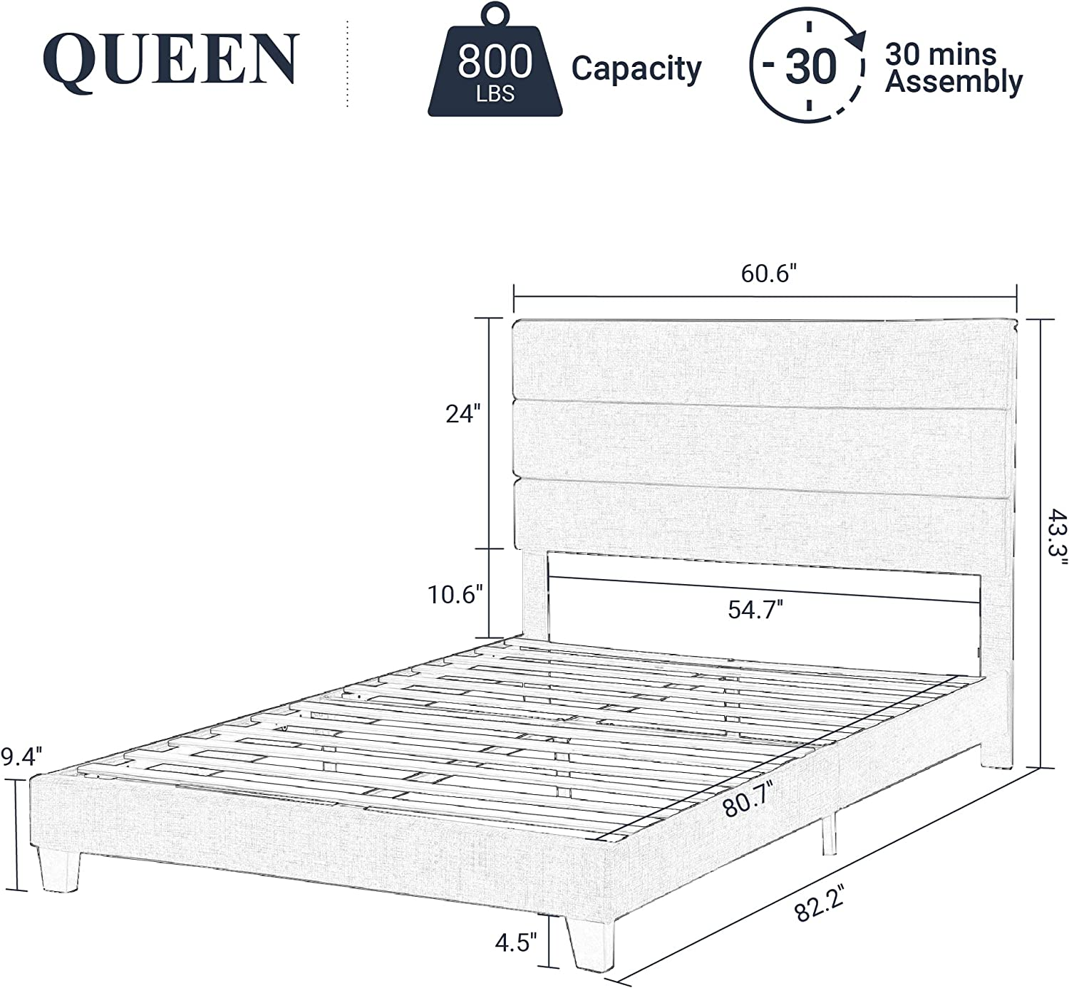Queen Size Platform Bed Frame with Fabric Upholstered Headboard and