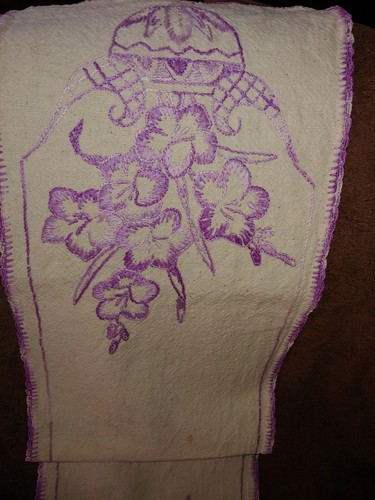 Vintage Cotton Linen & Hand Embroidered Purple Trim Table Runner