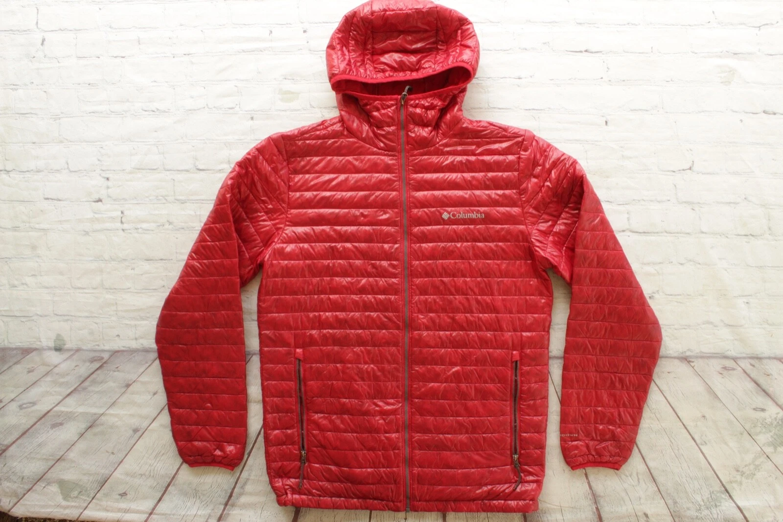 Mens COLUMBIA Red Hooded Turbo Goose Down Puffer Full Zip Sweater Jacket Small