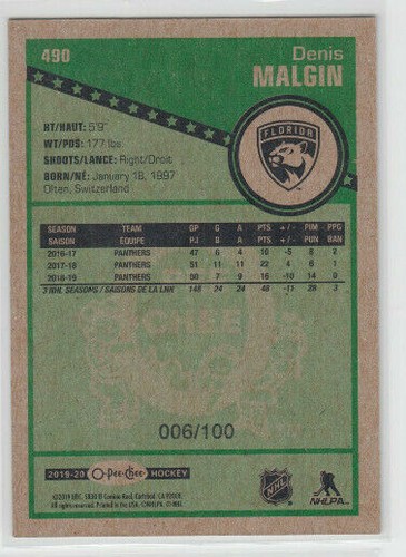 19/20 OPC Florida Panthers Denis Malgin Black card #490 Ltd #/100 - Picture 2 of 2