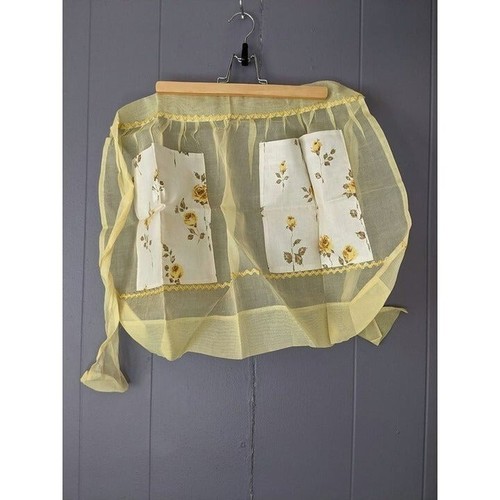 Delantal transparente amarillo vintage con bolsillos florales hecho a mano - Imagen 1 de 4