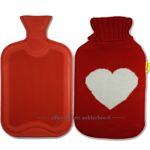 2 Liter große klassische Gummi Wärmflaschen mit großem Herz rot Strickbezug - Bild 4 von 4