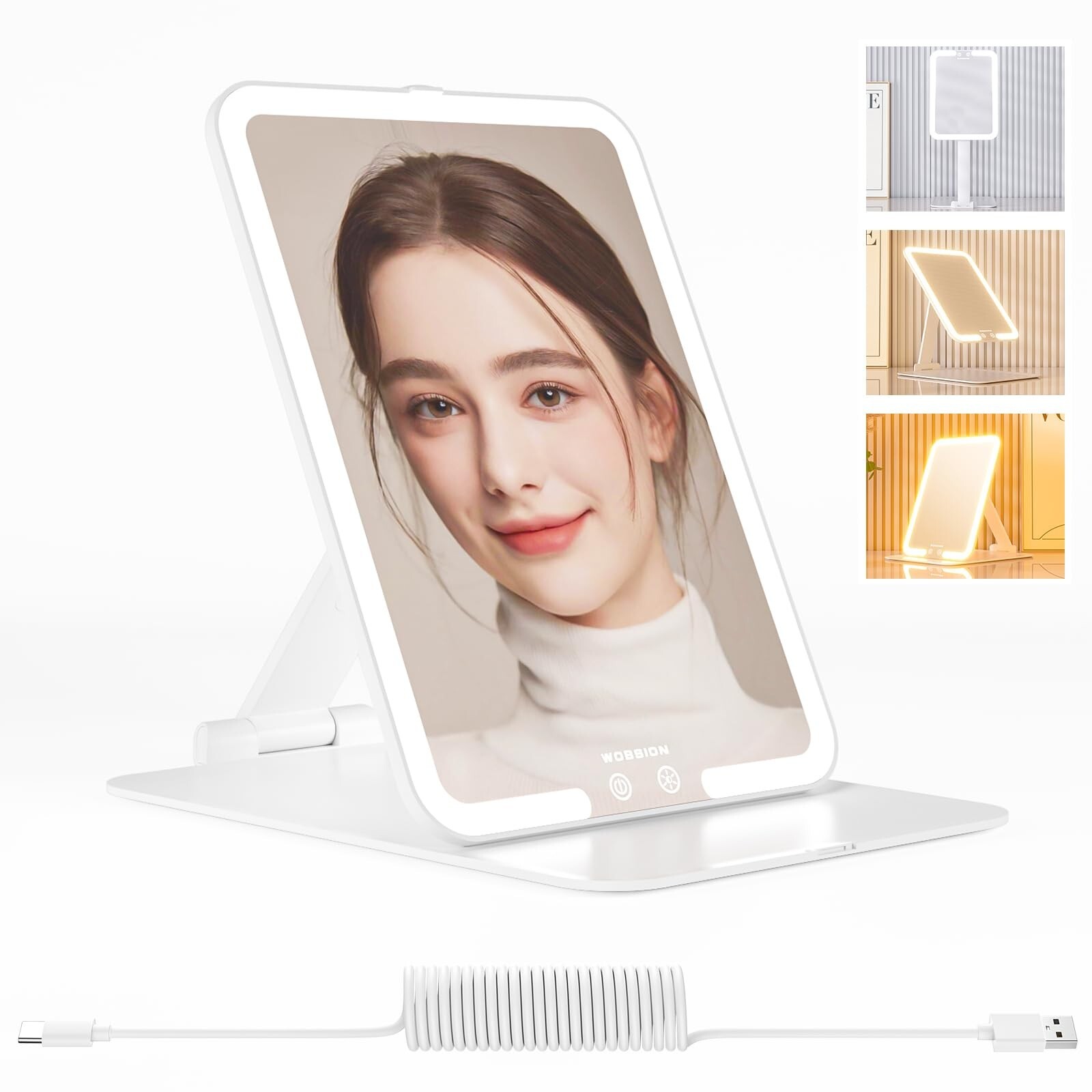 Wobsion 7.4x5.1in Rechargeable Folding Travel Makeup Mirror with LED Light