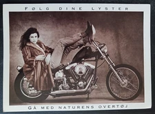 1992 postcard Danish Fur Industry advertising model woman fur coat motorcycle