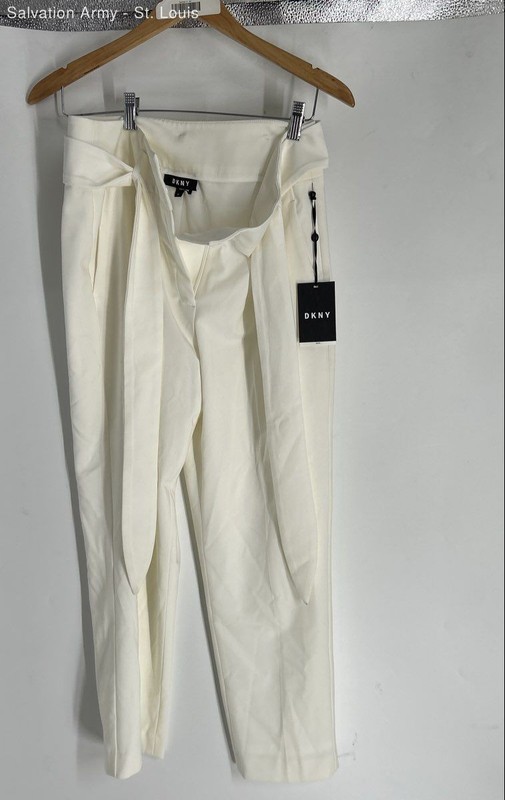 DKNY Womens White Flat Front Belted Straight Leg Paperbag Pants Size 10