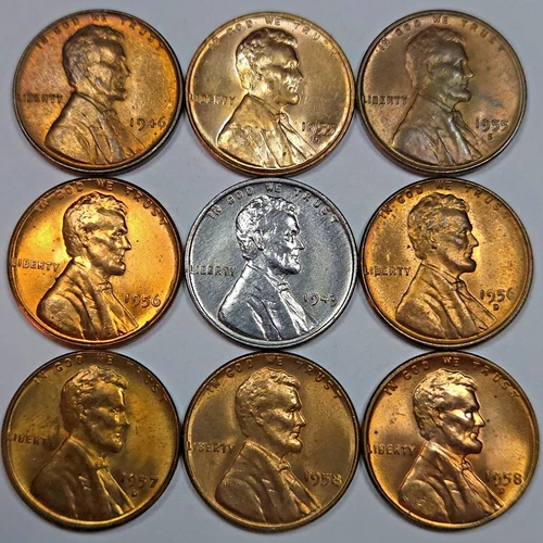 9 Lincoln Wheat Cents Uncirculated/Toned All Different Dates! (Lot#10)