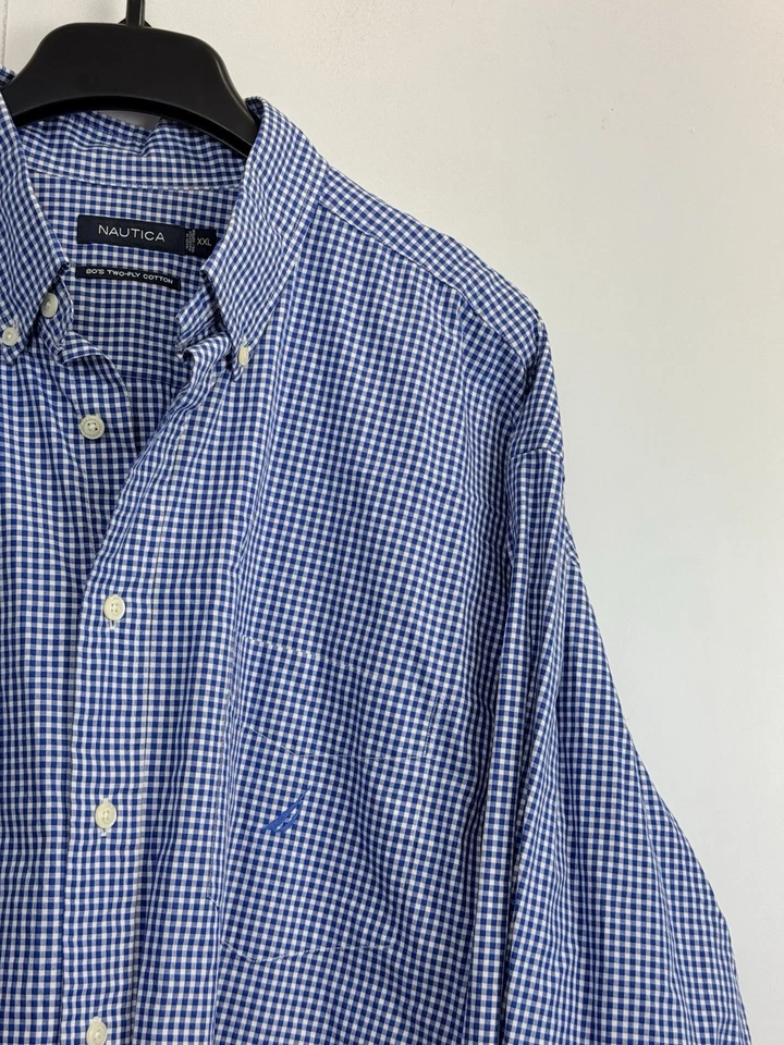 Camisa masculina Nautica XXL manga longa com botões azul xadrez Gingham duas camadas algodão - Imagem 4 de 4