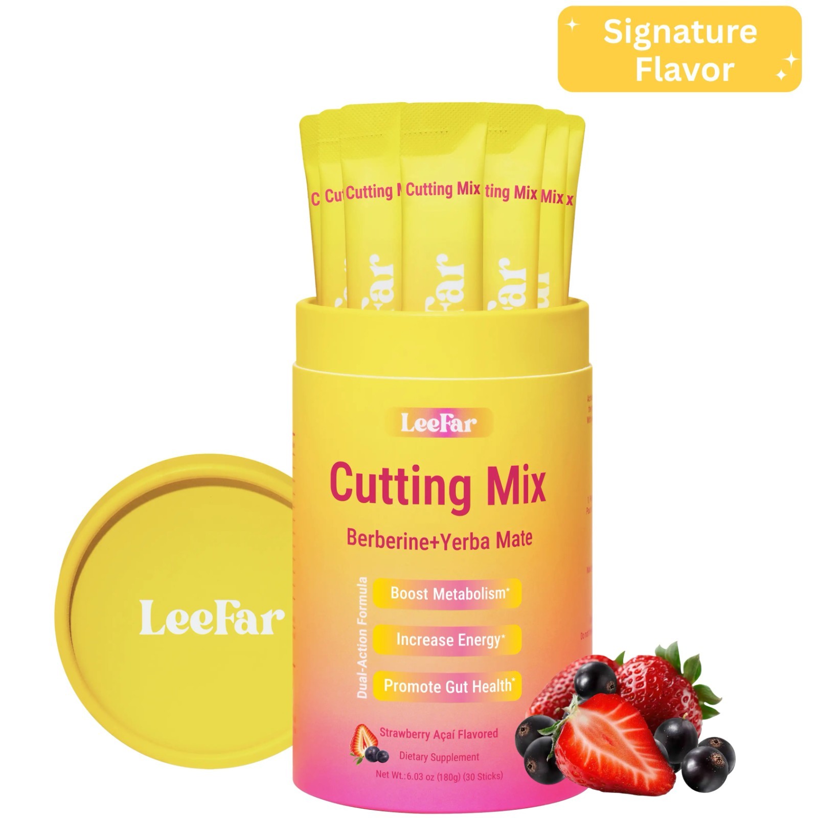 LeeFar Cutting Mix 30 Sticks Berberine+Yerba Mate Strawberry Acai Gut Health Ene