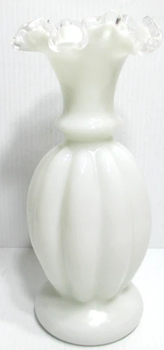Vintage Fenton Glass Vase Silver Crest Melon White Milk Glass Crimped Rim 9" T