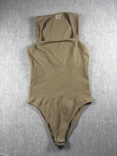 OQQ Women  s Tan Ribbed Strappy Square Neck Bodysuit Large
