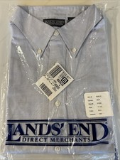 VINTAGE Lands End NOS Mens Button Down SZ. 17 1/2 Cotton Oxford Blue Hong Kong