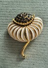 Pin Brooch Black Rhinestones Vintage Mcm Metal Enamel Flower