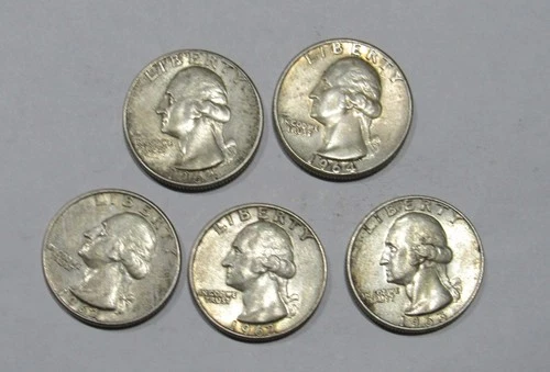 Lot Of  5 Washington 90% Silver Quarters: 1962-D (2), 1963-D and 1964-P (2) - NR