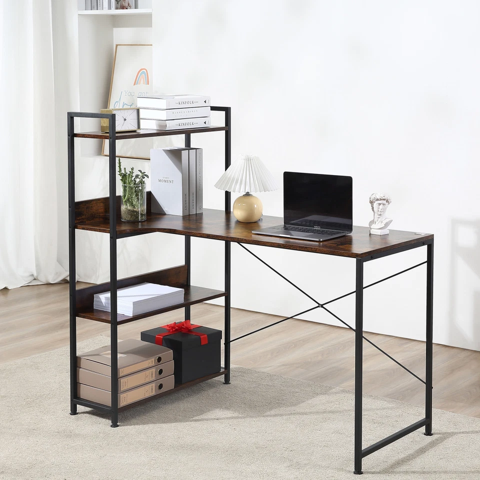 Retro Industrial Computer Desk With 4-Tier Shelf Metal Frame Brown - Image 2 of 4