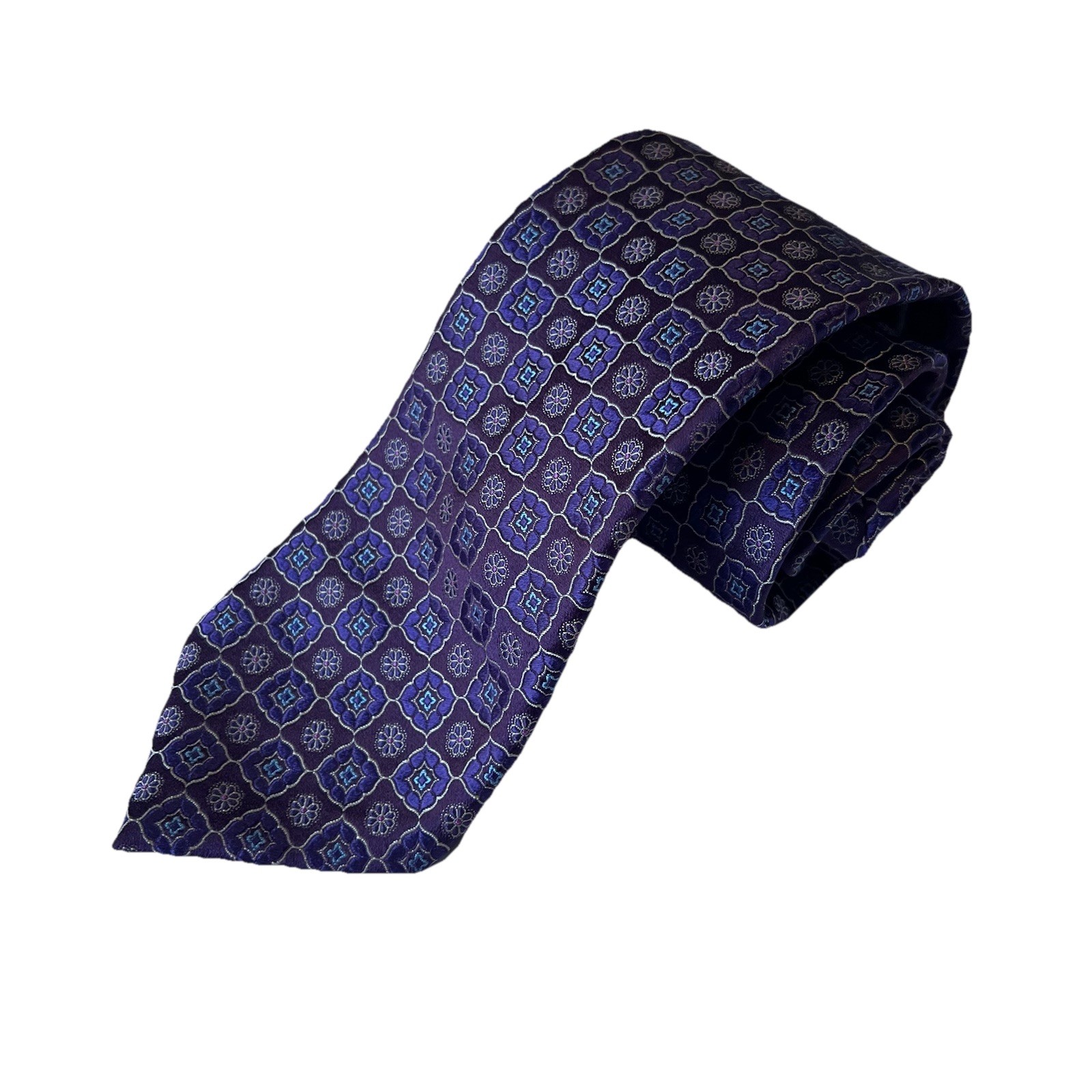 Canali XL Silk tie 63” Extra Long Purple Blue Medallion Geometric Woven Italy