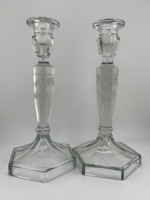 Vintage Etched Glass Candlesticks Pair Hexagon Base Art Deco Style