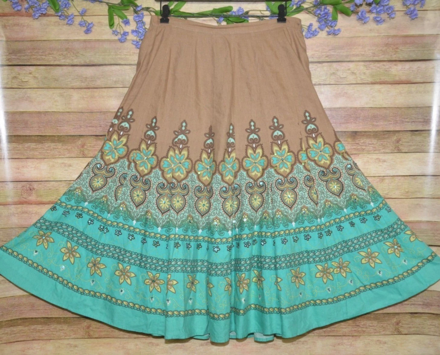 Coldwater Creek Boho Linen Blend Midi Skirt Size M Floral Sequin Art to Wear