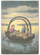 1963 Gesù pastore barca gregge angeli fiume cartolina vintage Buona Pasqua