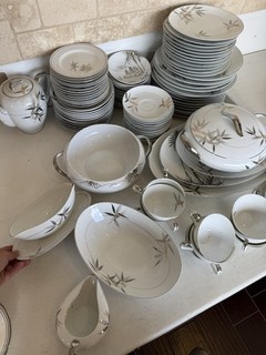 White Gray Gold Porcelain Bamboo Dinner Service Set Plates Bowls Cups Saucers