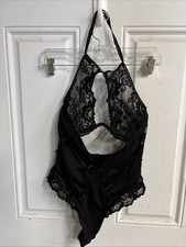 Frederick  s of Hollywood Black Lace Teddy Bodysuit S Sheer Cutout Lingerie